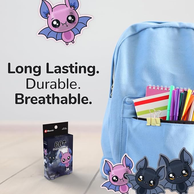 BioSwiss Bandages, Halloween Bat Shaped Self Adhesive Bandage, Latex Free Sterile Wound Care, Fun First Aid Kit Supplies for Kids, 24 Count