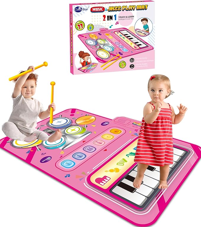 Toys for 1 Year Old Girl Gifts, Baby Musical Mat with Piano & Drum, Adjustable Volume, 12-18 Months Toddler Toys, Christmas Birthday Easter Gifts for 1-2 Year Olds Boys Girls (Pink)