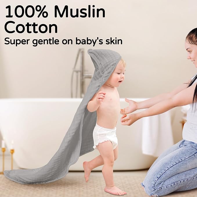 Yoofoss Hooded Baby Towels for Newborn 2 Pack 100% Muslin Organic Cotton Baby Bath Towel with Hood for Babies, Infant, Toddler and Kids, 32x32Inch, Soft and Absorbent Newborn Essential,Grey Flower