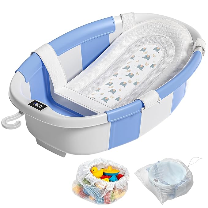 Collapsible Baby Bathtub, Baby Tubs for Newborns with Soft Cushion & Thermometer & Toy Organizer Mesh Bag, Infant Bathtub to Toddler 0-36 Months, Portable Travel Newborn Baby Bathtubs (Blue)