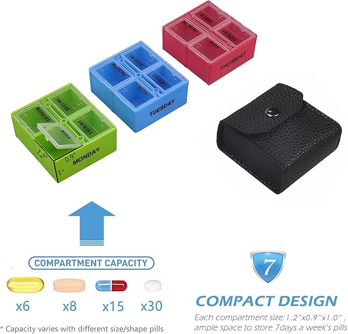 VOFOON Travel Pill Organizer 4 Times a Day, Weekly Pill Box 4X a Day Medicine Organizer Pill Case for Vitamins Medicine Fish Oils Supplements