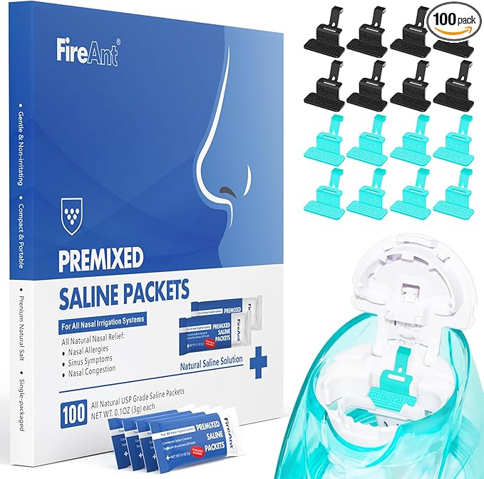 FireAnt 100 Saline Packets and 16 Pack Silicone Saline Pods Refills Set, Compatible with Navage Nasal Care — Includes 100 Count Salt Packets Sinus Rinse + 16 Reusable Salt Pads in Black & Blue