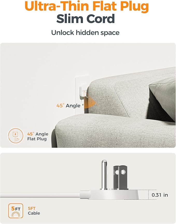 Flat Plug Extension Cord 5 FT, TESSAN Surge Protector Power Strip with 4 AC Outlets 1 USB C and 2 USB A Ports, 900 Joules Protection, Multiple Wall Outlet Extender Suitable for Home Office Dorm