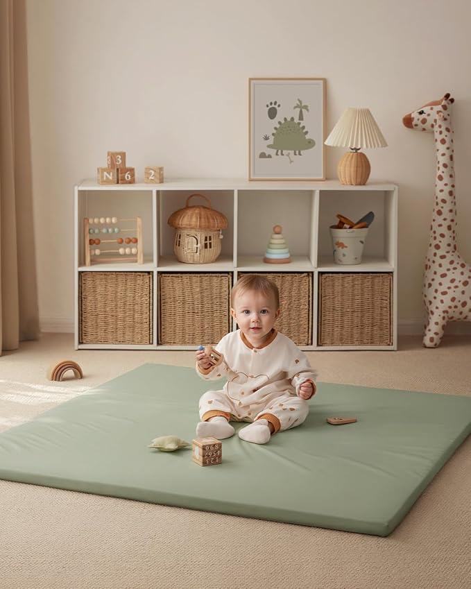 Blissful Diary Vegan Leather Baby Play Mat, 47x47 Thicken Foam Cushioned & Waterproof Playpen Mat for Infants and Toddlers, Stylish and Just Wipe-Clean Playmat for Baby Play on Floor, Light Green