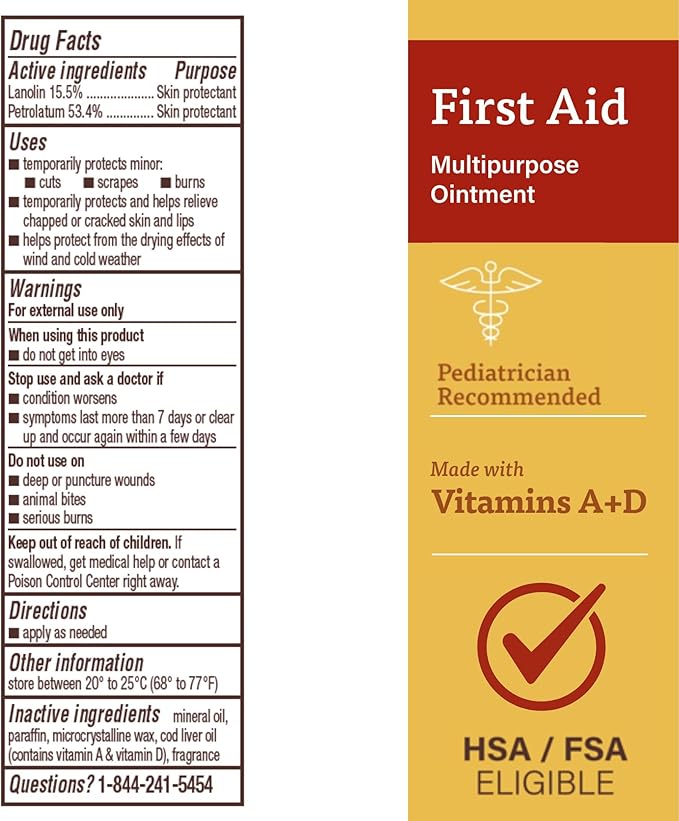 A+D First Aid Multipurpose Healing Ointment - Moisturizing Skin Protectant for Dry Cracked Heels, Elbows, Hands and Lips - Protects Minor Cuts, Burns, & Scrapes – 4 oz Tube