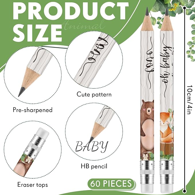 Tinlade 60 Pcs Wooden Animal Baby Shower Golf Pencils with Erasers Small Kids Sharpened Mini Pencils for School in Bloom Baby Shower Supplies