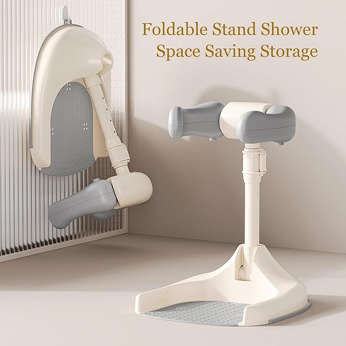 Baby Shower Stand, Ergonomic Baby Standing Bath Support with Anti-Slip Base, Adjustable Toddler Shower Stand with Backrest Foldable Bath Tower Shower for Toddlers