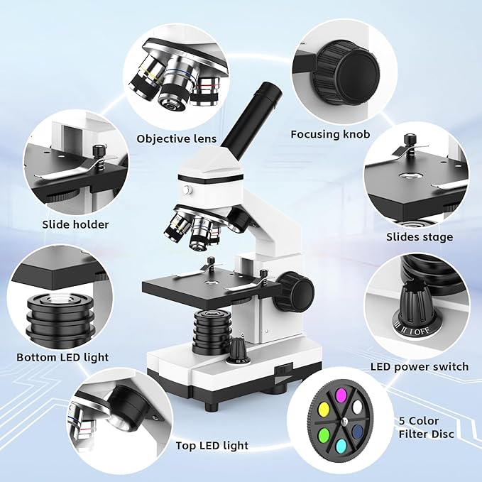 40X-2000X Monocular Microscope for Adults & Kids - Wozel Compound Microscopes for Kids with Dual LED Lights - Professional Biological Microscope with Phone Adapter Slide Set for School Home Education