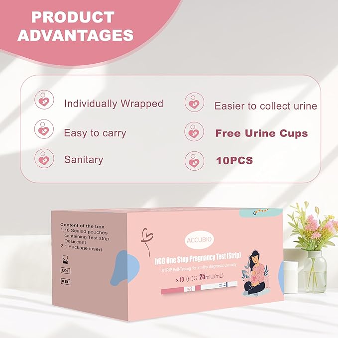Pregnancy Test Strips with Urine Cups, hCG Detection Home Pregnancy Tests, Sensitive & Over 99% Accurate, 10 Count Individually Wrapped, Rapid hCG Test Strips, 5mm Wider 25mIU/mL