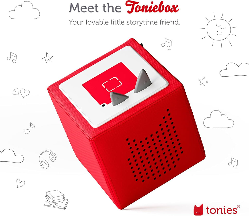 Tonies Toniebox Audio Player Starter Set with Spidey, Ghost-Spider, Spin, Black Panther, and Playtime Puppy - Ages 3+, Listen, Learn, and Play with One Huggable Little Box - Red