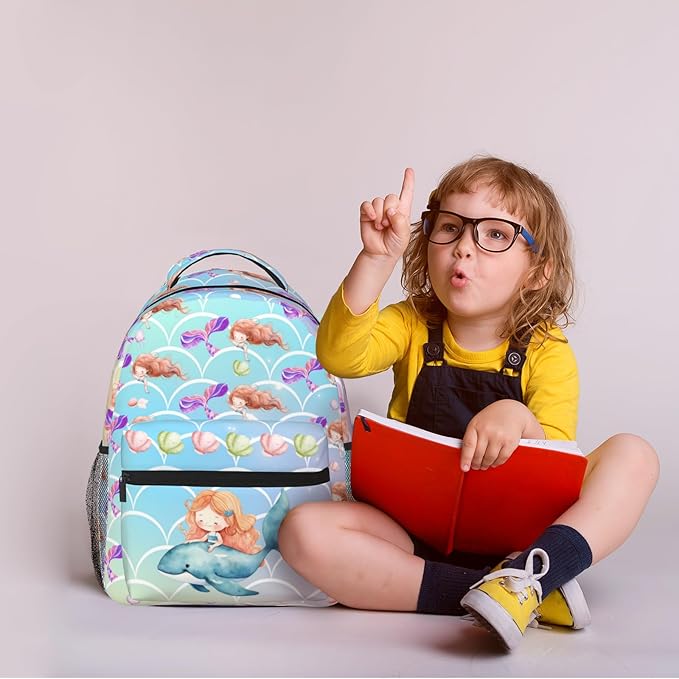 Girls Mermaid & Whale Print School Backpack, Cute Ocean-Themed Book Bag for Kids Girls Boys, Waterproof Lightweight Ergonomics Backpack for Age 3-12, Ideal for School & Outdoor Activities
