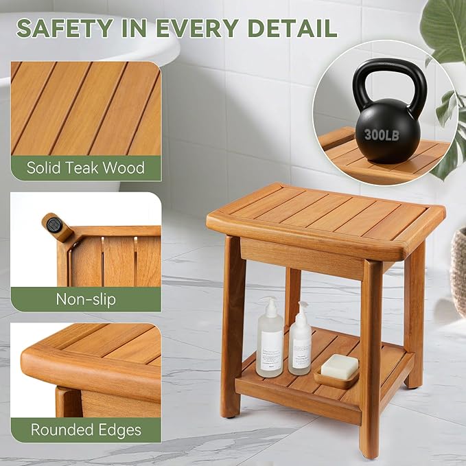 Teak Shower Bench-Solid Teak Wood Shower Chair with Storage Shelf, Stable Non-Slip Bathroom Stool for Elderly & Recovery, Heavy Duty Shower Seat for Inside Shower & Tub Safety 14 inch