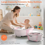 Collapsible Baby Bathtub - Large Baby Bath Tub with Thermometer & Cushion | Travel Portable Newborn Infant Bathtub | Foldable Toddler Bathtub for Baby 0 to 36 Months (Pink)