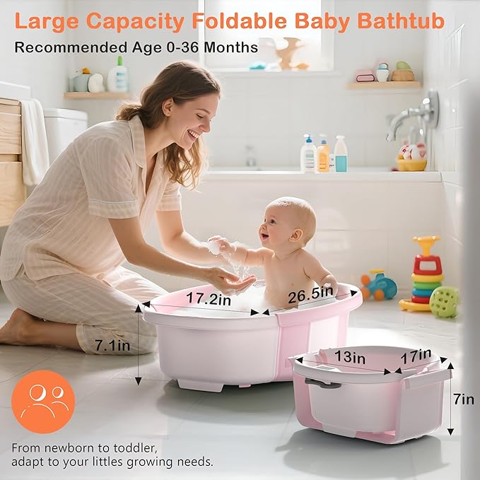 Collapsible Baby Bathtub - Large Baby Bath Tub with Thermometer & Cushion | Travel Portable Newborn Infant Bathtub | Foldable Toddler Bathtub for Baby 0 to 36 Months (Pink)