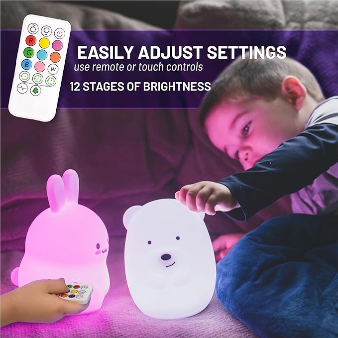 Lumipets Remote Control Silicone Night Light for Kids - Bear Design with 9 Soft Colors & Sleep Timer - Rechargeable, Battery-Operated Lamp for Bedroom | Baby Nursery, Toddler, Girls, Boys