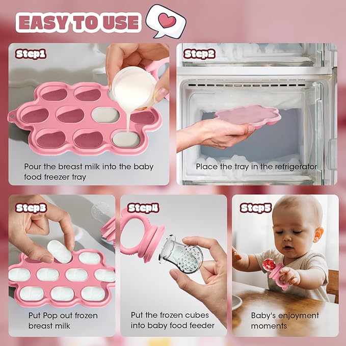 Baby Fruit Food Feeder & Breastmilk Popsicle Molds for Teething Relief, Baby Feeding Sets, 1 Freezer Tray with Lid & 1 Teether Toy & 1 Silicone Teething Pacifier Feeder, Extra Food Pouches (Pink)