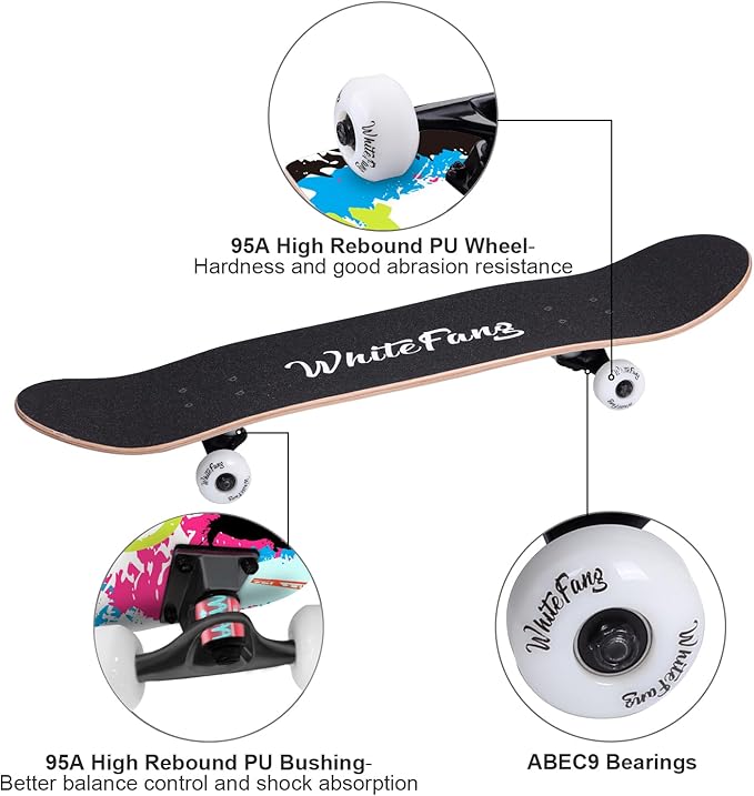WhiteFang Skateboards for Beginners, Complete Skateboard 31 x 7.88, 7 Layer Canadian Maple Double Kick Concave Standard and Tricks Skateboards for Kids and Beginners