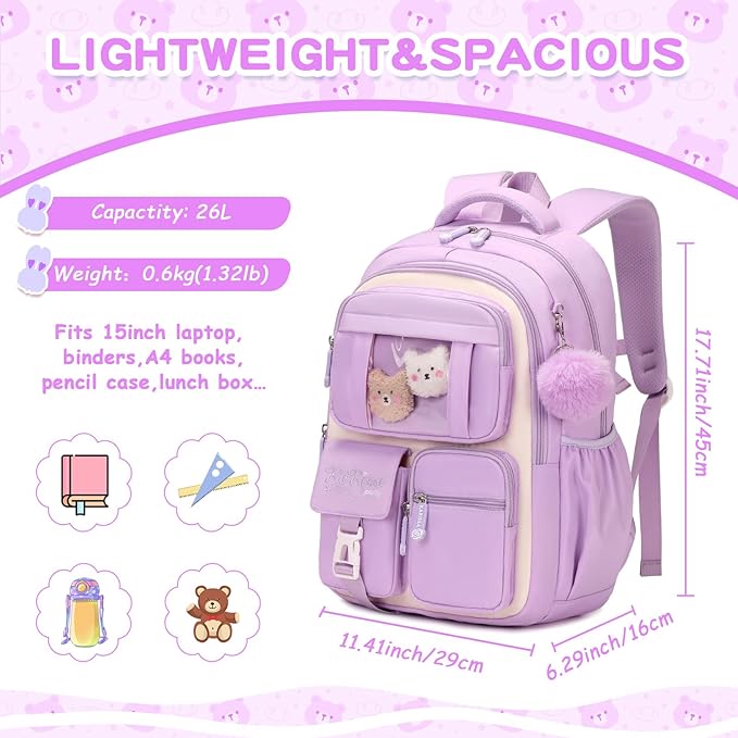 Kids Backpack for Girls School Bags for Middle School Students Book Bag for Elementary Primary Kawaii Ita Backpack, Purple and Beige