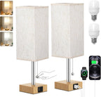 Wood Grain Bedside Table Lamps Set of 2 - Bedroom Lamps with 3 Color Temperatures (3000K/5000K/4000K), Square Nightstand Lamp with USB C + A Charging Ports