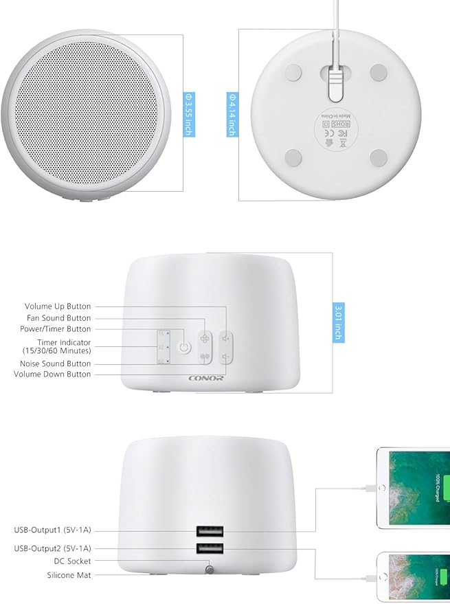 White Noise Machine, Conor High Fidelity Sound Machine for Sleeping, Baby, Office Privacy - with 24 Unique Fan & White Noise Sounds, Sleep Timer, 2 USB Charge Port