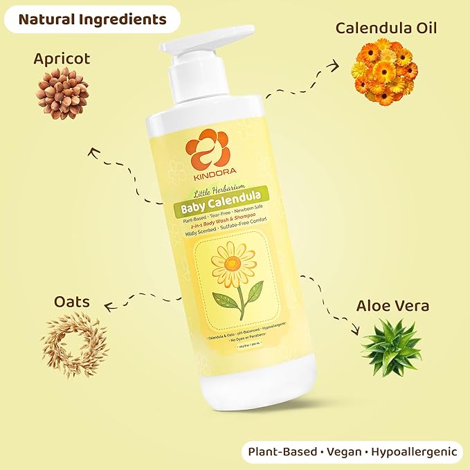 KINDORA 2-in-1 Baby Shampoo and Body Wash with Calendula & Oat – Gentle, Tear-Free & Hypoallergenic | Plant Based Cradle Cap Treatment | Organic, Vegan & Non-Toxic – 16.9 fl oz