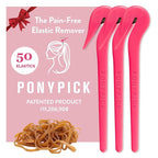 THE PONY PICK Hair Elastic Rubber Bands Cutter - Easy To Use, Pain-Free, No Hair Damage - Ponytail Tool for Kids & Toddlers (3 Packs & 50 Brown Elastics)