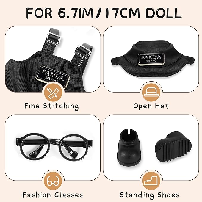 6.7in/17cm Doll Clothes Set, 4 PCS Fashion Outfit Includes Hat, Bib Pants, Glasses, Shoes, Cute Collectible Doll Accessories Unique Style (Black)