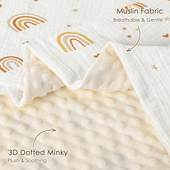 Rainbow Baby Blankets for Girls, Soft Nursery Minky Blankets with Muslin and Dotted Fleece Back 30x40 inches, Receiving Bed Quilt for Newborn, Infants, Toddlers