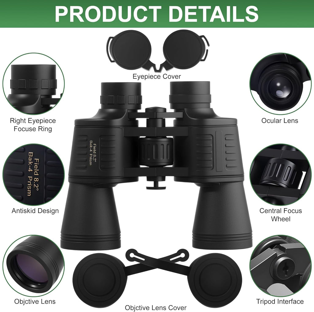 20 x 50 High Powered Binoculars for Adults, Large View Binocular Waterproof Compact Binoculars with Low Light Vision for Bird Watching Sightseeing Wildlife Watching Traveling Stargazing (Black)