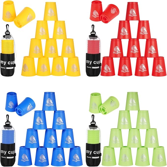 yeesport 48 PCS Sport Stacking Cups with Horse Pattern, Sport Training Game for Challenge Competition, Plastic Stacking Cups, Classic Family Game for Youth and Adults, Red+Blue+Green+Yellow