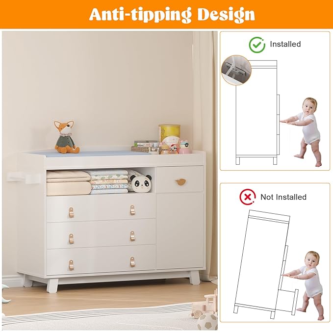 Baby Dresser with Changing Table Top, Baby Changing Table Dresser with 4 Drawers and Adjustable Shelves, Multi-Functional Diaper Changing Station, Nursery Organizer for Kids Bedroom, White