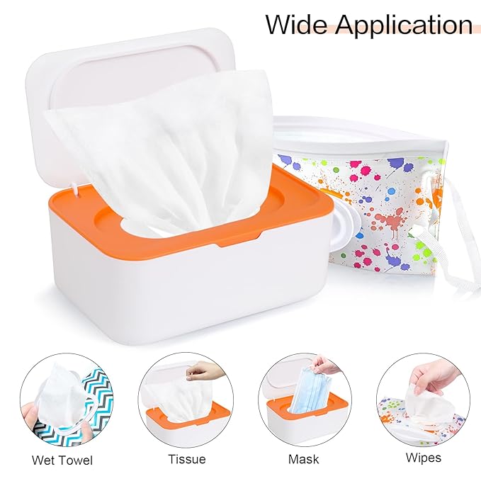 8Pcs Baby Wipes Dispenser, Reusable Baby Wipe Holder Box and Portable Wet Wipes Pouch, Refillable Wipes Pouch Case Container with Lid for Bathroom Baby Nursery Kitchen Office Travel (Orange)
