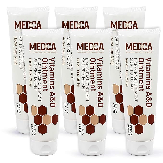 MEDca Vitamin A & D Diaper Rash Ointment- Protectant Cream for Sensitive Baby Skin - Lanolin & Petrolatum Formula, Dry-Cracked Hands/Feet/Face Skin, 1oz Tube, Pack of 6
