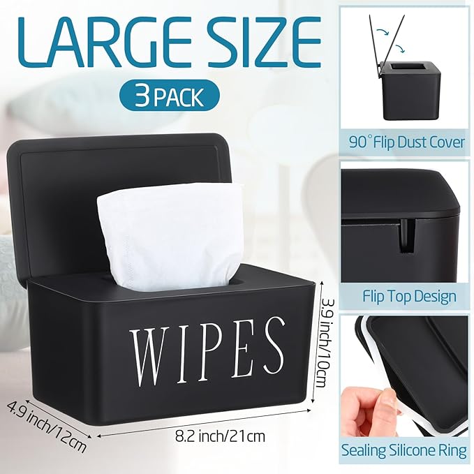 3 Pack Baby Wipes Dispenser Holder Wipe Container for Bathroom with Lid Toilet Tissue Paper Storage Refillable Box for Home Office Cars(Large,Black)