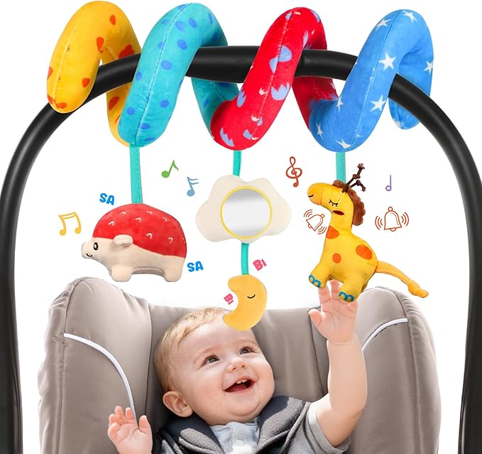 URMYWO Spiral Car Seat Toys for Babies 0-6 Months, Hanging Toy Fits Stroller, Developmental Sensory Baby Toy with Bell Crinkle Mirror, Baby Travel Gear Shower Gift for Boys Girls
