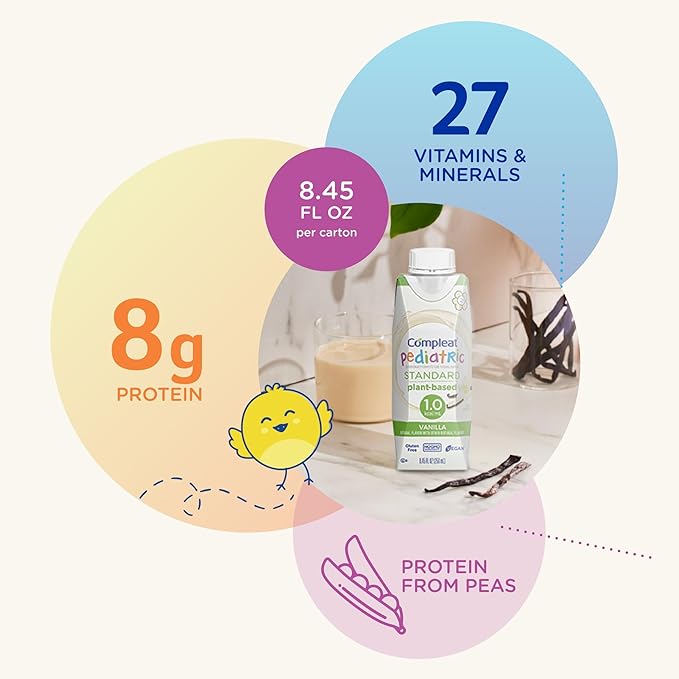 Compleat Pediatric Standard 1.0 Plant-Based Vanilla Nutrition Shake, 8g of Protein, 27 Vitamins & Minerals - Vegan Tube Feeding Formula, 8.45 Fl Oz (Pack of 12)