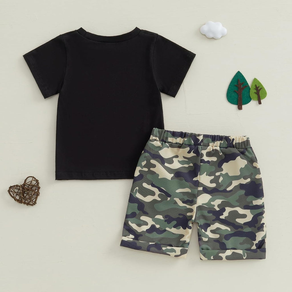 wdehow Toddler Kids Baby Boy Summer Clothes Sets 1T 2T 3T 4T 5T Letter Print Short Sleeve Tops Camouflage Shorts Outfits