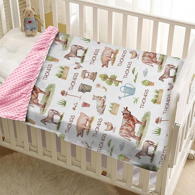 Personalized Baby Blankets for Boys Girls, Custom Name Farm Animals Pattern Baby Blanket, Soft Minky Dot Blanket for Newborns and Toddlers, Ideal for Baby Showers Christmas Brithday Gifts