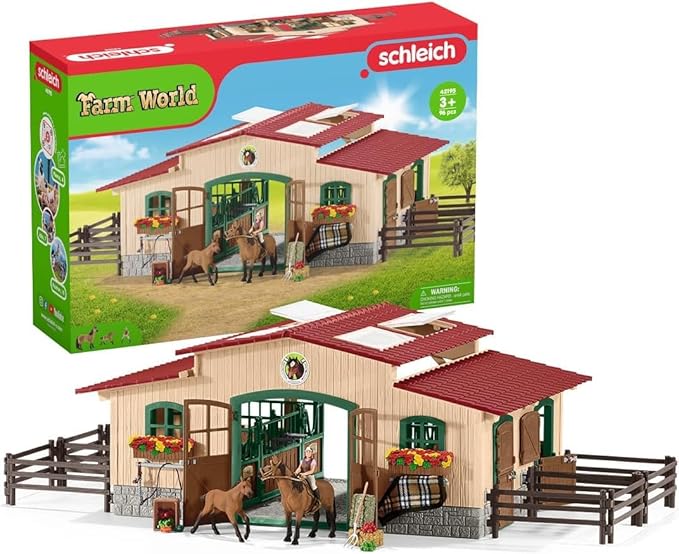 Schleich Farm World - 96PC Riding Center with 2 Horse Figurines, Rider Figure, and Accessories - Screen Free, Realistic Farm Animal Toys for Girls and Boys - Kids 3+ | 42195