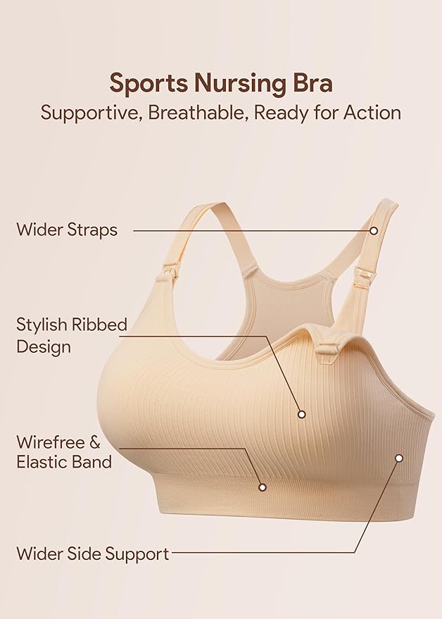 Angelhood Nursing Bras for Breastfeeding, Ribbed Nursing Sports Bra Yoga Maternity Bras Pregnancy Sleep Bralette
