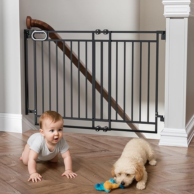 Grownsy No Bottom Bar Baby Gate for Stairs, Adjustable Width 32” to 48” for Child and Pet, Dog Gate with Auto-Close & One-Hand Operation, Hardware-Mounted Installation for Doorways and Indoor,Black