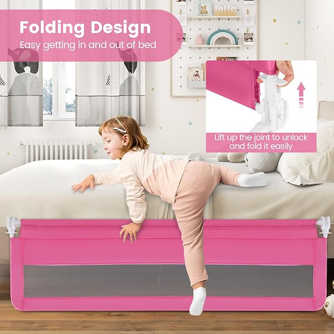 HONEY JOY Bed Rail for Toddlers, 71-in Extra Long, Portable Safety Bed Guardrail w/Double Safety Child Lock, Foldable Baby Bed Rail Guard, Fit King & Queen Full Twin Size Bed Mattress(Pink, Pack 1)