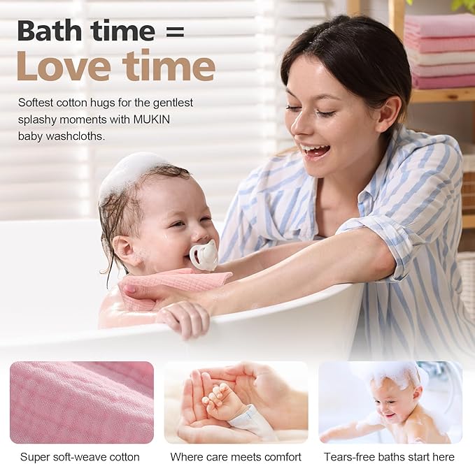 MUKIN Baby Washcloths,Muslin Burp Cloths Towels for Newborns,Absorbent Cotton Bath Face Towel ，5 Pack, 12x12 Inches (Rosy Embrace)