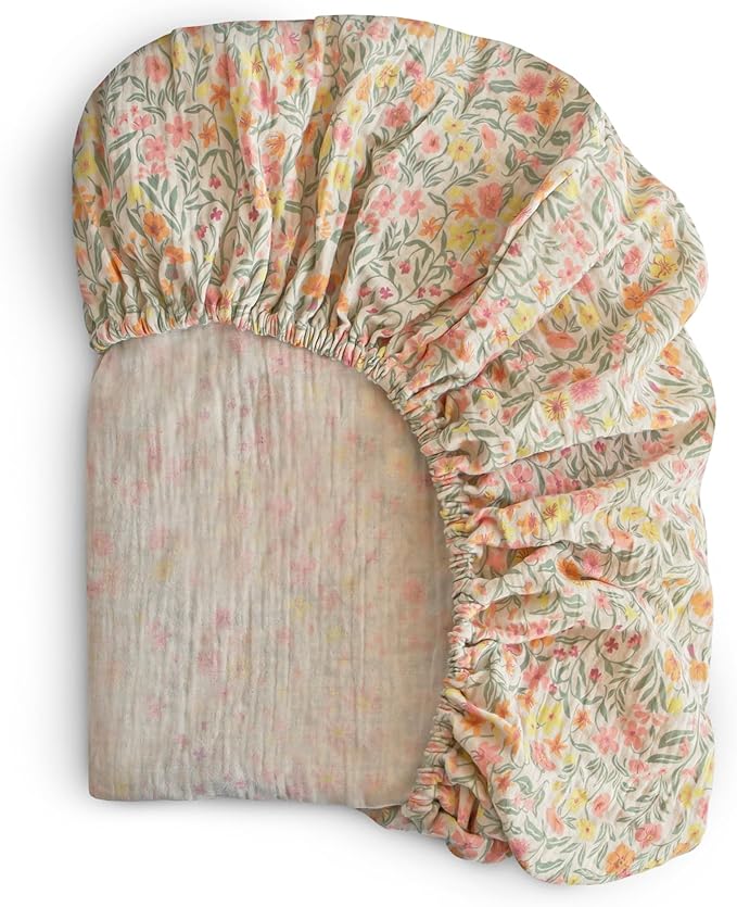 mushie Extra Soft Muslin Fitted MINI Crib Sheet | 24"x 38" (Pastel Blooms)