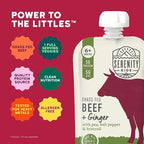 Serenity Kids 6+ Months Beef & Ginger Baby Food Puree Pouches - Grass Fed Beef & Organic Peas, Bell Pepper & Broccoli - No Added Sugar & BPA-Free Pouches - 3.5 Oz, 6 Pack