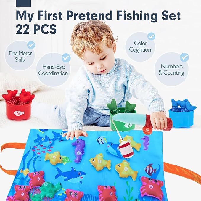 Toddler Montessori Toys Fishing Game with Stacking Cups Storage Bag Number Counting Color Sorting Shape Learning Toys Hand-Brain Coordination Sensory Ability for 1-3 Year Old Girl Boy Birthday Gifts