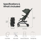 Mompush Velo Lightweight Travel Stroller – One-Hand Fold, Ultra-Compact & Airplane Friendly, Lie-Flat Recline Seat (from Birth to 50 lbs), Includes Cup Holder, Shoulder Strap, and Leather Bumper Bar