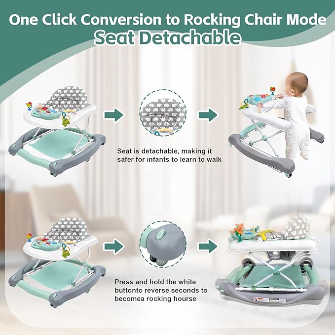 Foldable Baby 5-in-1 Activity Walker - Rocker, Activity Center, Bouncer, Seat Walker, Push Walker - Adjustable Speed Rear Wheels and Height Toys Ages 6-18 Months… (Mint Green)