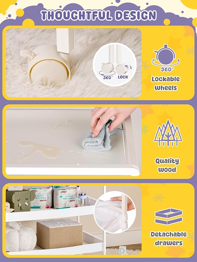 VBABY Foldable Baby Changing Table with Wheels, Certified Diaper Changing Station with Storage Drawers, 3 in 1 Portable Compact Diaper Table for Nursery, White