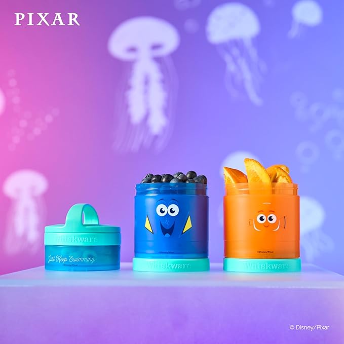Whiskware Disney Pixar Stackable Snack Containers for Kids, 3 Stackable Snack Cups for School and Travel, Finding Nemo with Nemo and Dory